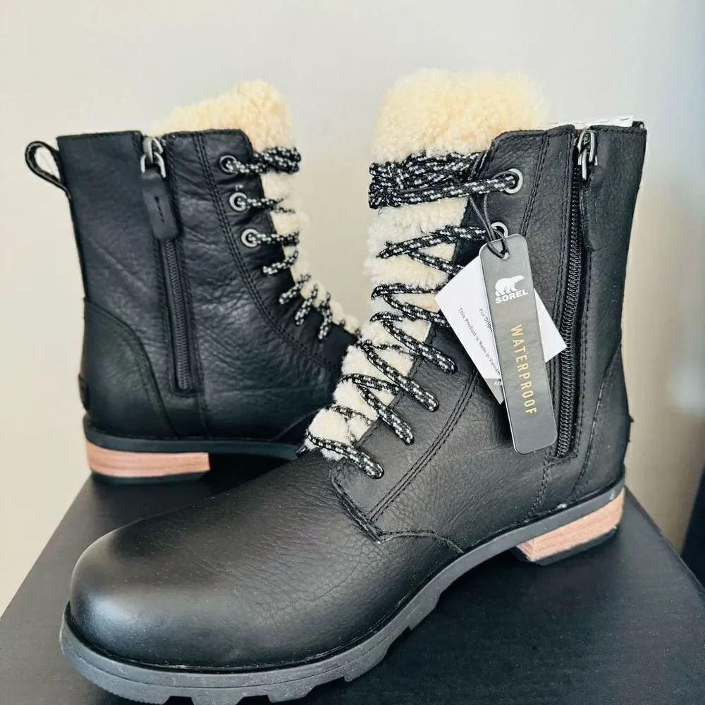 SOREL Emelie Genuine Shearling Lamb Fur Short Lace-Up‎ Boot, Black, Size 9, NWT